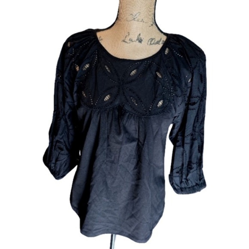Calligraphie Black Cotton Eyelet Embroidered 3/4 Sleeve Peasant Blouse Top S